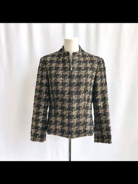Talbots Petite Tweed Jacket 4P Chanel Inspired Zip Blazer Classic Preppy Chic